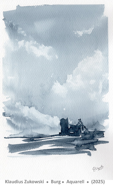 Burg in weiter Landschaft unter großem Himmel, Aquarell
