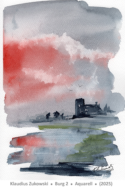 Burg am Wasser unter rotem Himmel, Aquarell