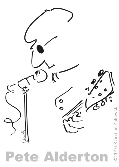 Strichzeichnung des Paderborner Musikers Pete Alderton mit Mikrofon und Gitarre