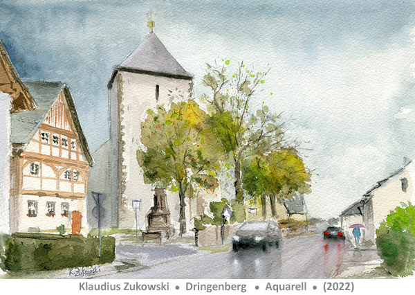 Kirche und historisches Rathaus in Dringenberg an einem regnerischen Tag, Aquarell