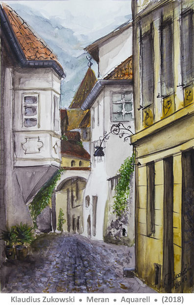 Schmale Kopfsteinpflastergasse mit historischen Häusern in Meran, Aquarell