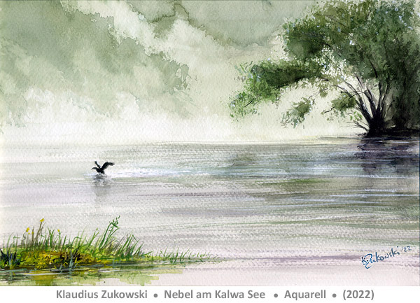 Nebliger See mit im Wasser landendem Vogel und Baum am Ufer, Aquarell