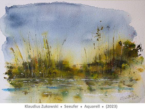 Schilf am Seeufer mit Spiegelungen im Wasser, Aquarell