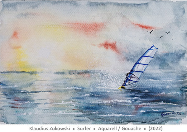 Windsurfer auf bewegtem Meer vor farbigem Himmel, Aquarell und Gouache